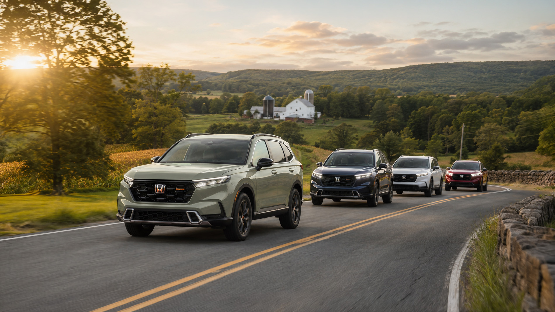Four 2026 Honda CR-V SUVs in green, blue, white, and red drive along a winding country road past rolling hills and a farmhouse at sunset, highlighting the SUV's blend of comfort, performance, and New York scenery.