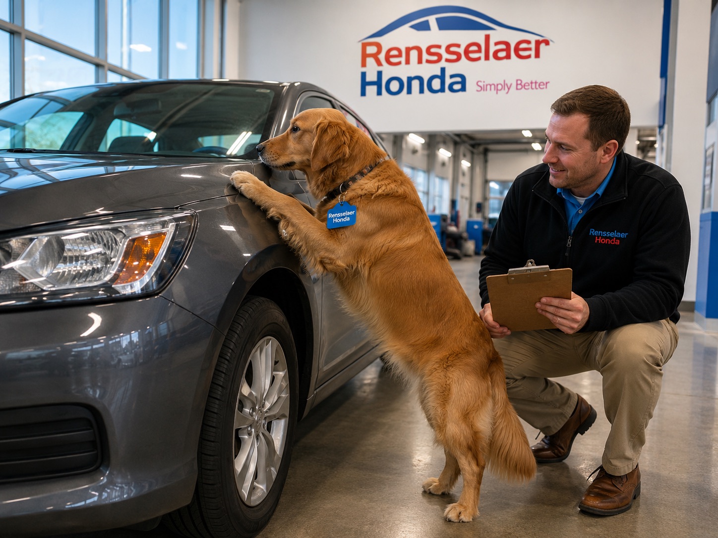 Barkley the German Shepherd mascot at Rensselaer Honda inspecting a car for sale