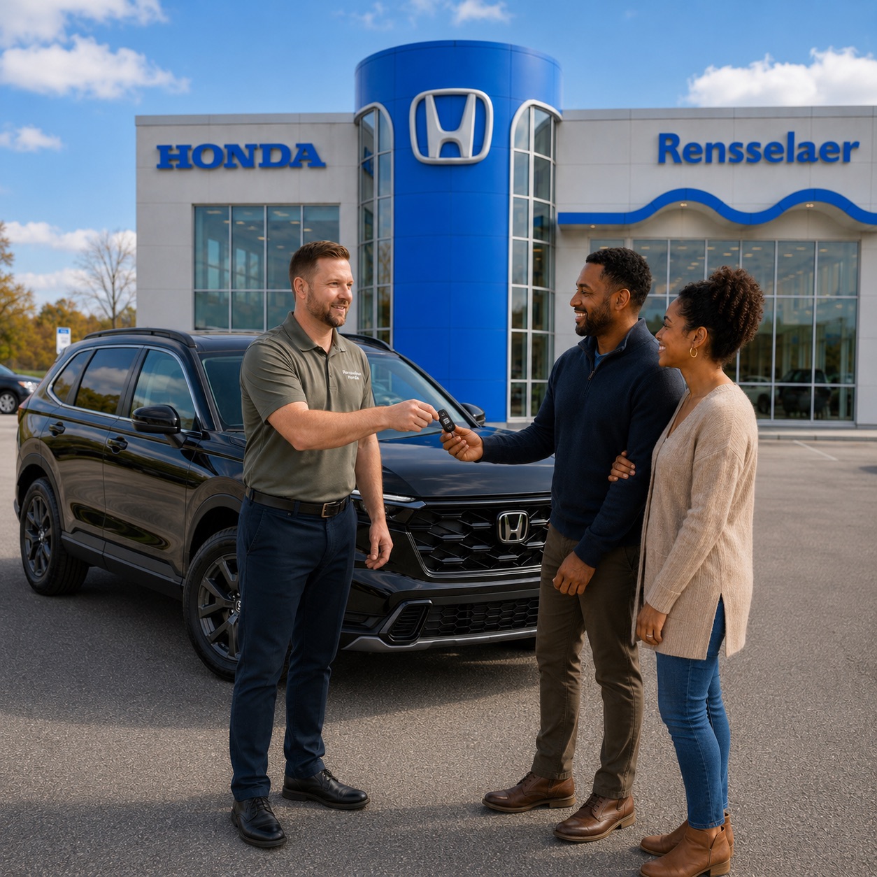 Customer handing vehicle keys to a Rensselaer Honda team member in Troy, NY
