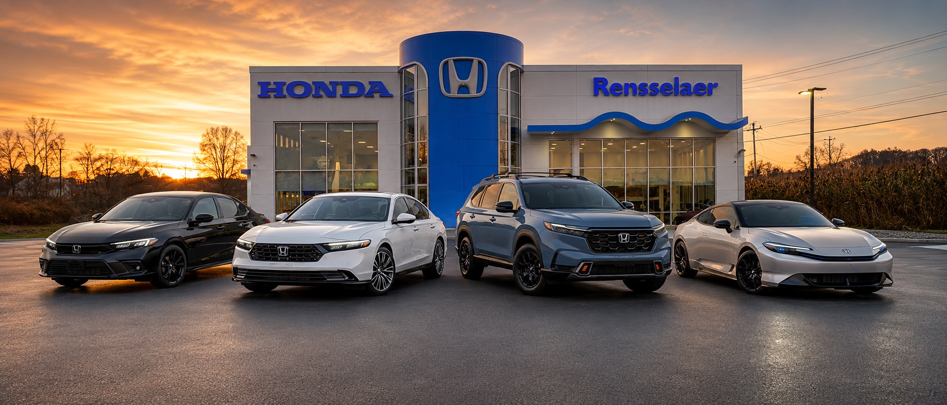 Honda vehicles outside Rensselaer Honda in Troy, NY at sunset