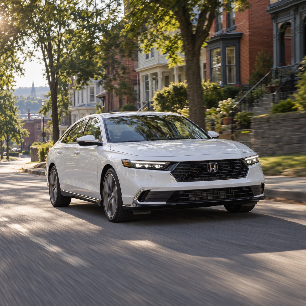 White 2026 Honda Accord Touring Hybrid driving along a tree-lined residential street in Troy, NY on a summer morning.