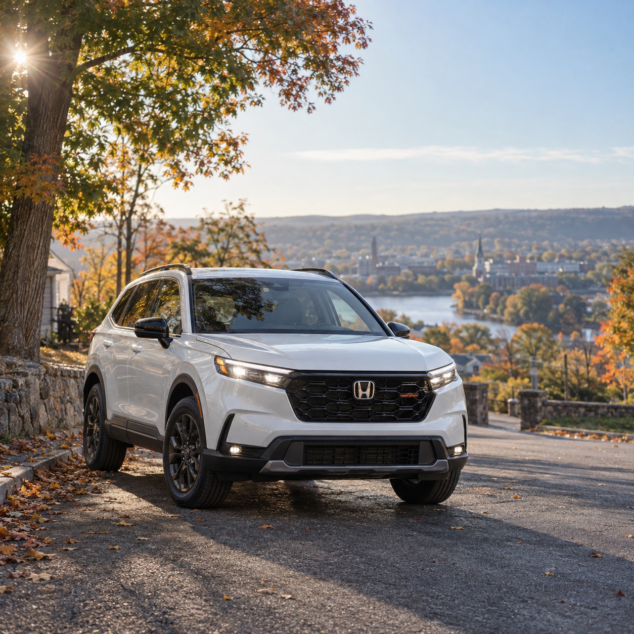 White 2026 Honda CR-V TrailSport Hybrid parked on a tree-lined road in Troy, NY during an early fall morning.