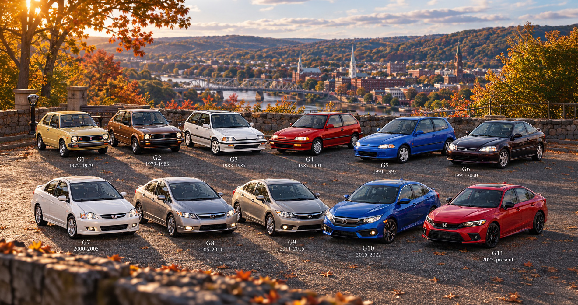 Eleven Honda Civic generations from the first through 11th generation overlooking Troy, NY in fall