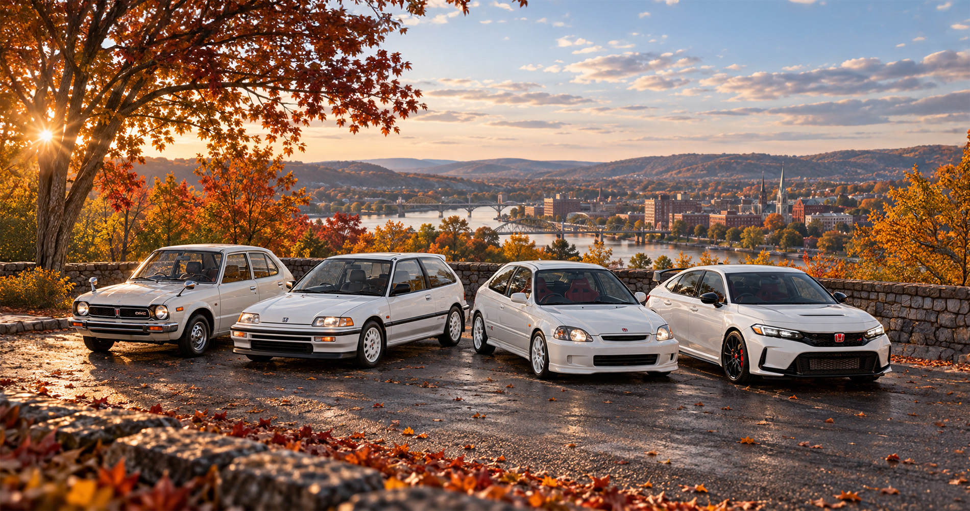 Four Honda Civic generations parked together overlooking Troy, NY in fall