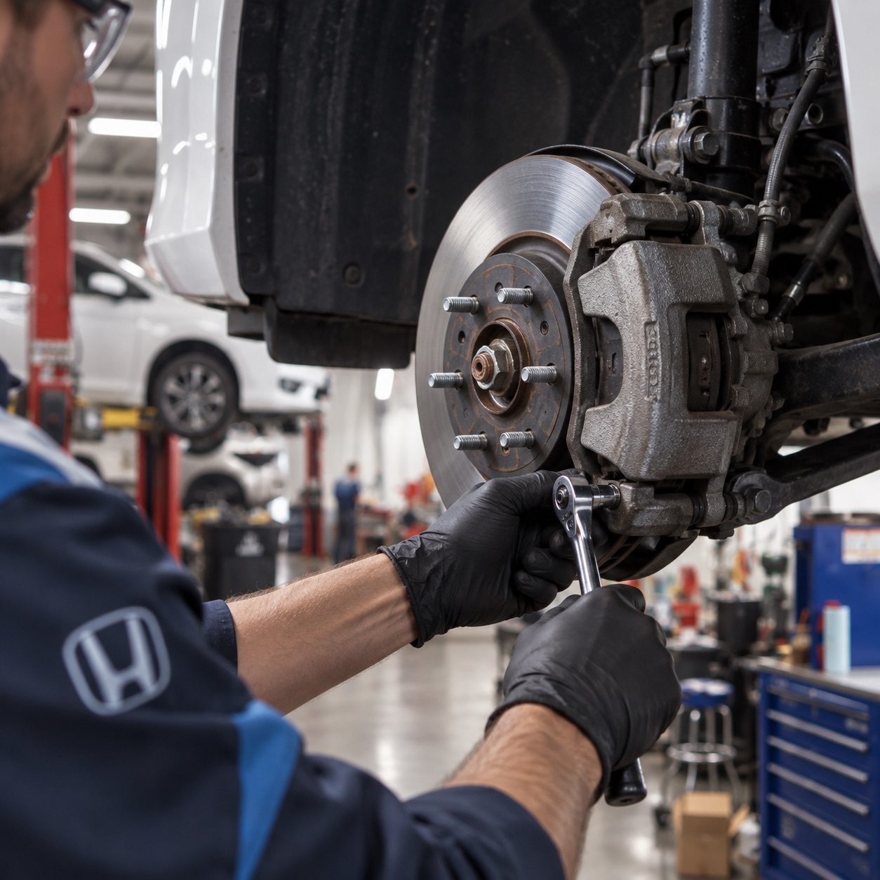 Rensselaer Honda technician using a ratchet on a brake caliper beside an exposed rotor in the Troy, NY service bay.