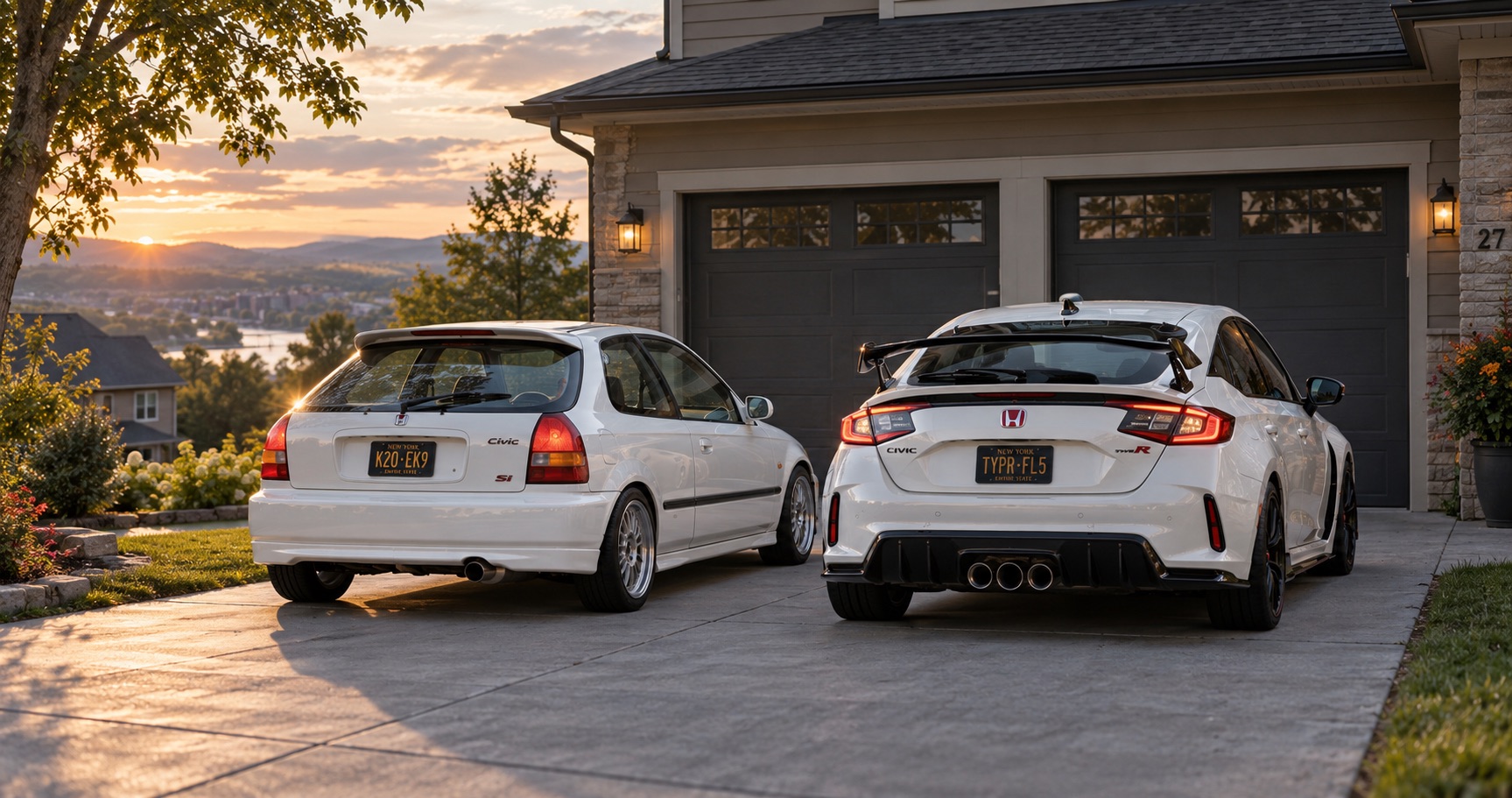 Modified EK Honda Civic Hatchback and 2026 Honda Civic Type R parked in a Troy, NY driveway