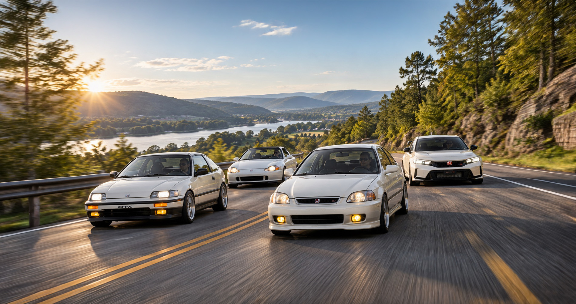 Modified Honda Civic generations driving together near Troy, NY
