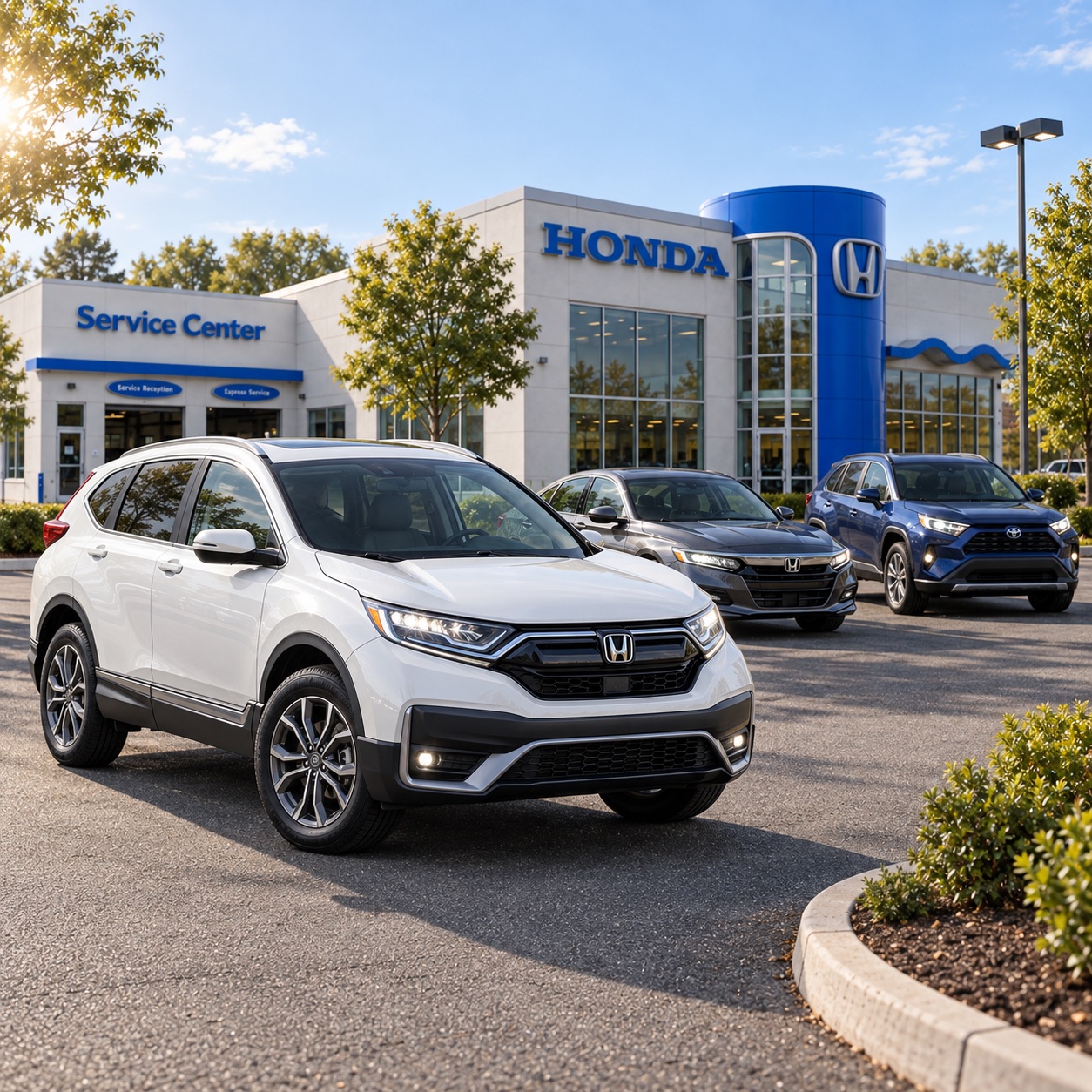 White 2022 Honda CR-V EX-L with a gray Honda Accord and blue Toyota RAV4 outside Rensselaer Honda in Troy, NY.
