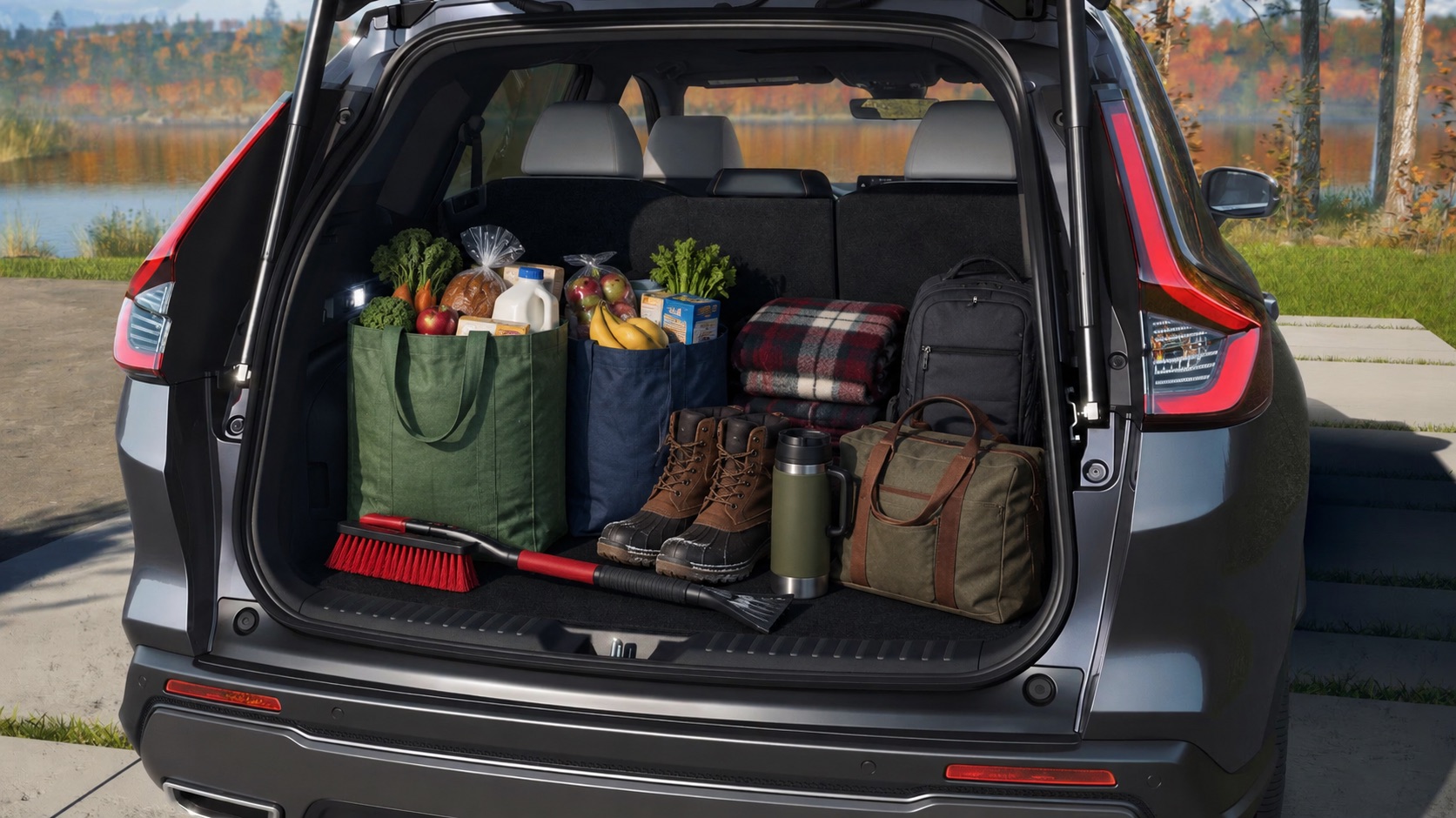 Open rear cargo area of a 2027 Honda CR-V with everyday items arranged inside the trunk