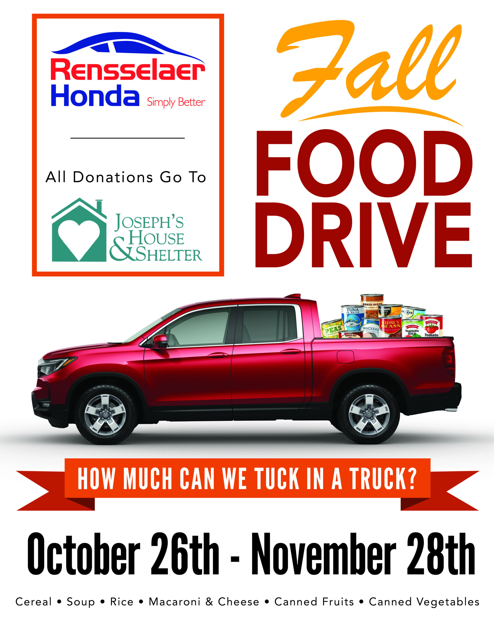 Rensselaer Honda Fall Food Drive flyer featuring a red pickup truck loaded with canned goods, October 26 through November 28 donation dates, and Joseph's House and Shelter as the beneficiary.