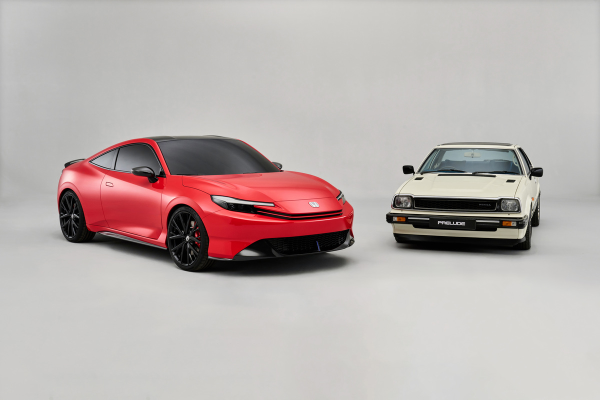 A 2026 Honda Prelude parked next to a first-generation Prelude in a studio