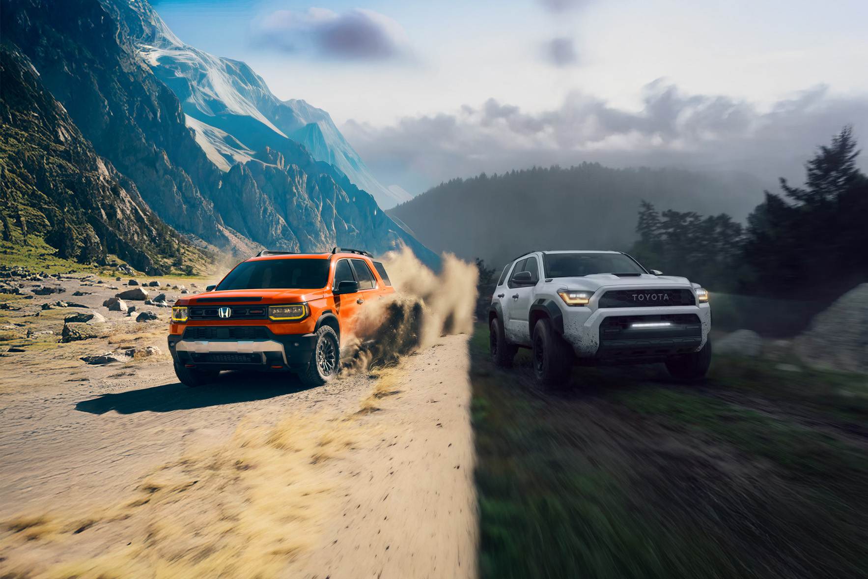 2026 Honda Passport vs Toyota 4Runner driving through the mountains