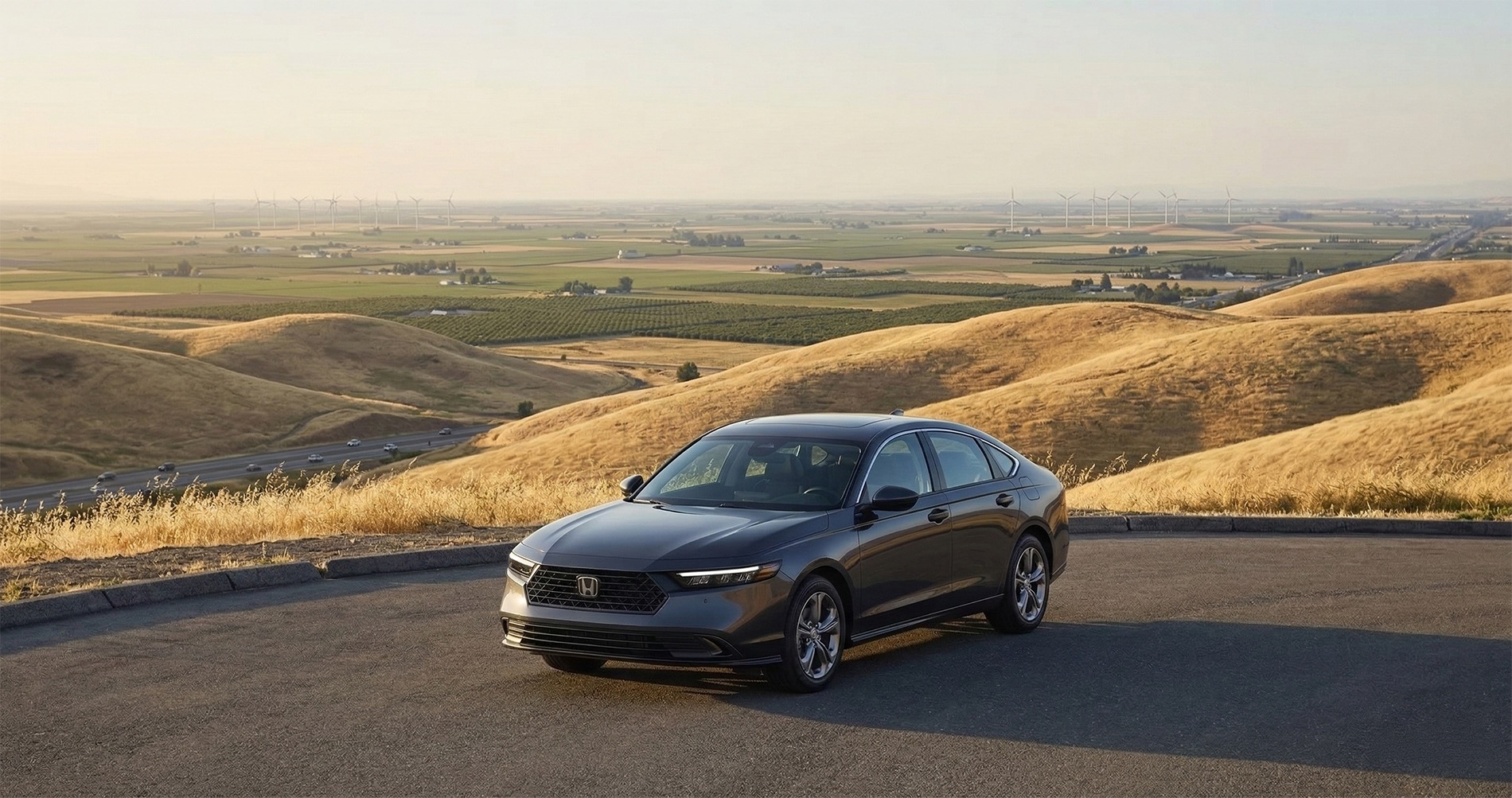 2026 Honda Accord sedan overlooking Altamont Pass hills and Central Valley farmland near Tracy California