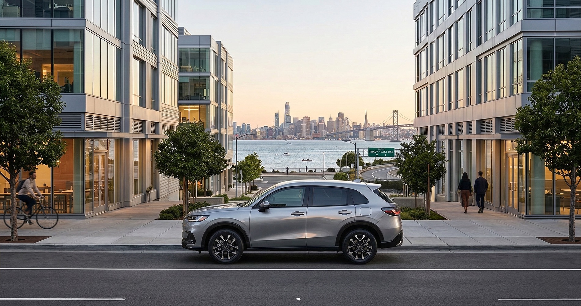 2026 Honda HR-V compact SUV parked on modern Oakland waterfront street with San Francisco skyline
