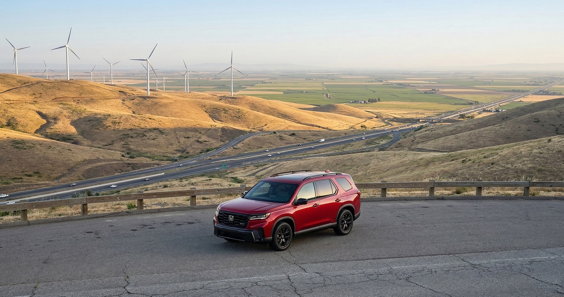 2026 Honda Pilot three row SUV parked at Altamont Pass overlook near Tracy California