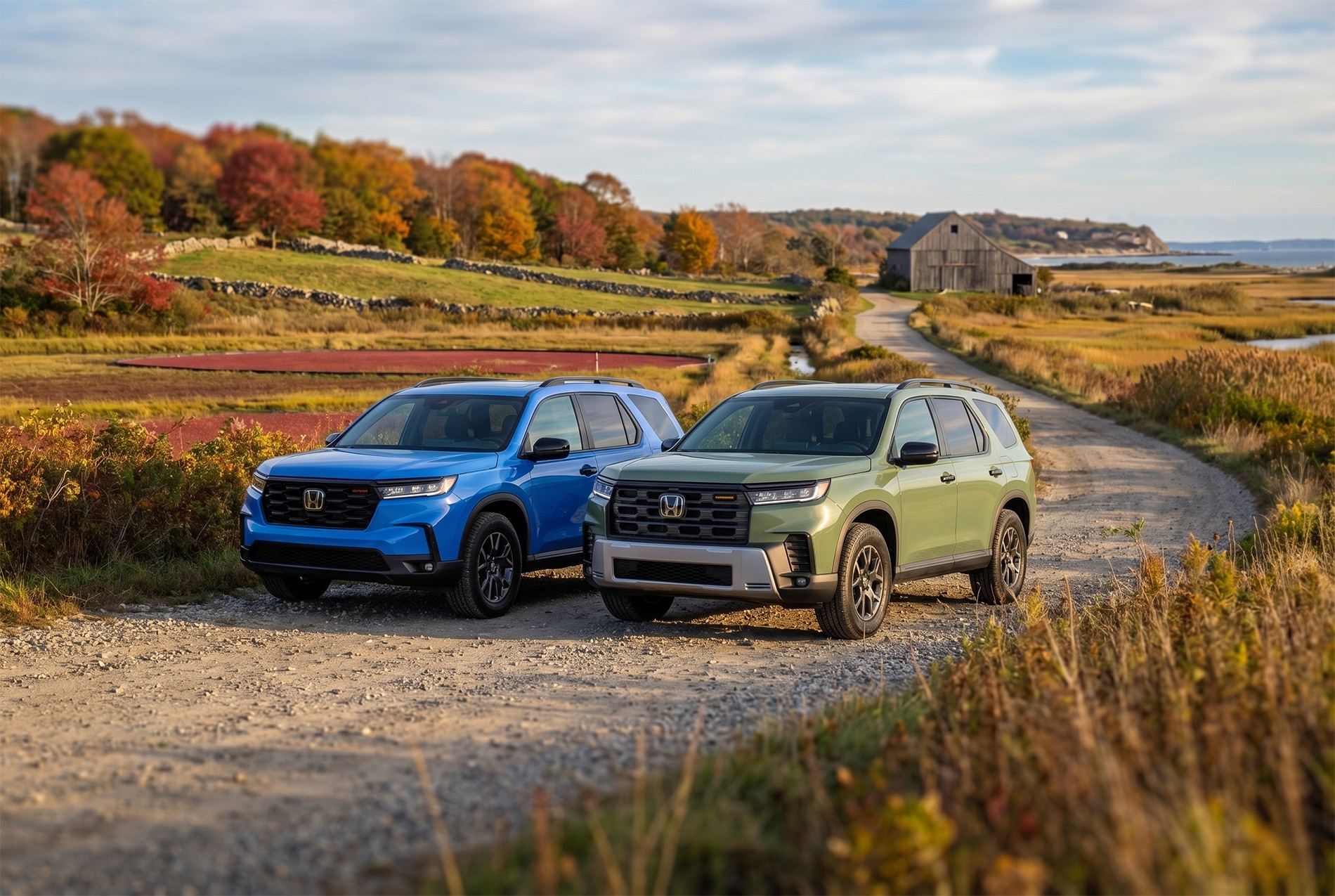 2025 and 2026 Honda Pilot TrailSport trim levels parked on a gravel road in rural New England in autumn with a large, old wooden barn next to the ocean