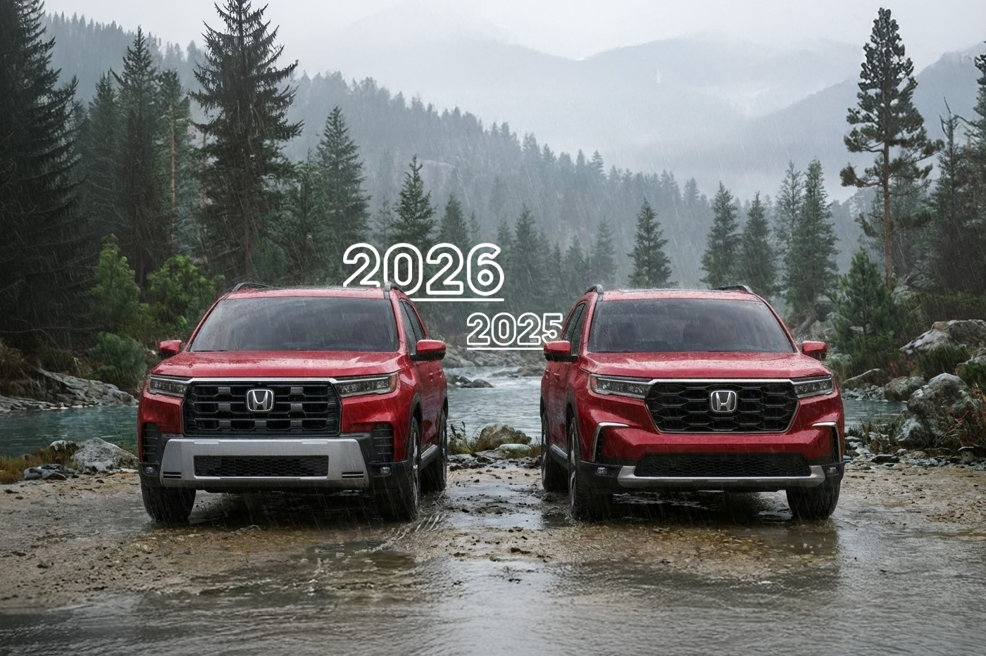 Side‑by‑side comparison of the 2026 and 2025 Honda Pilot models parked on a rainy, rocky riverside, showing the updated 2026 front‑end design next to the previous 2025 styling, with evergreen trees and misty mountains in the background.