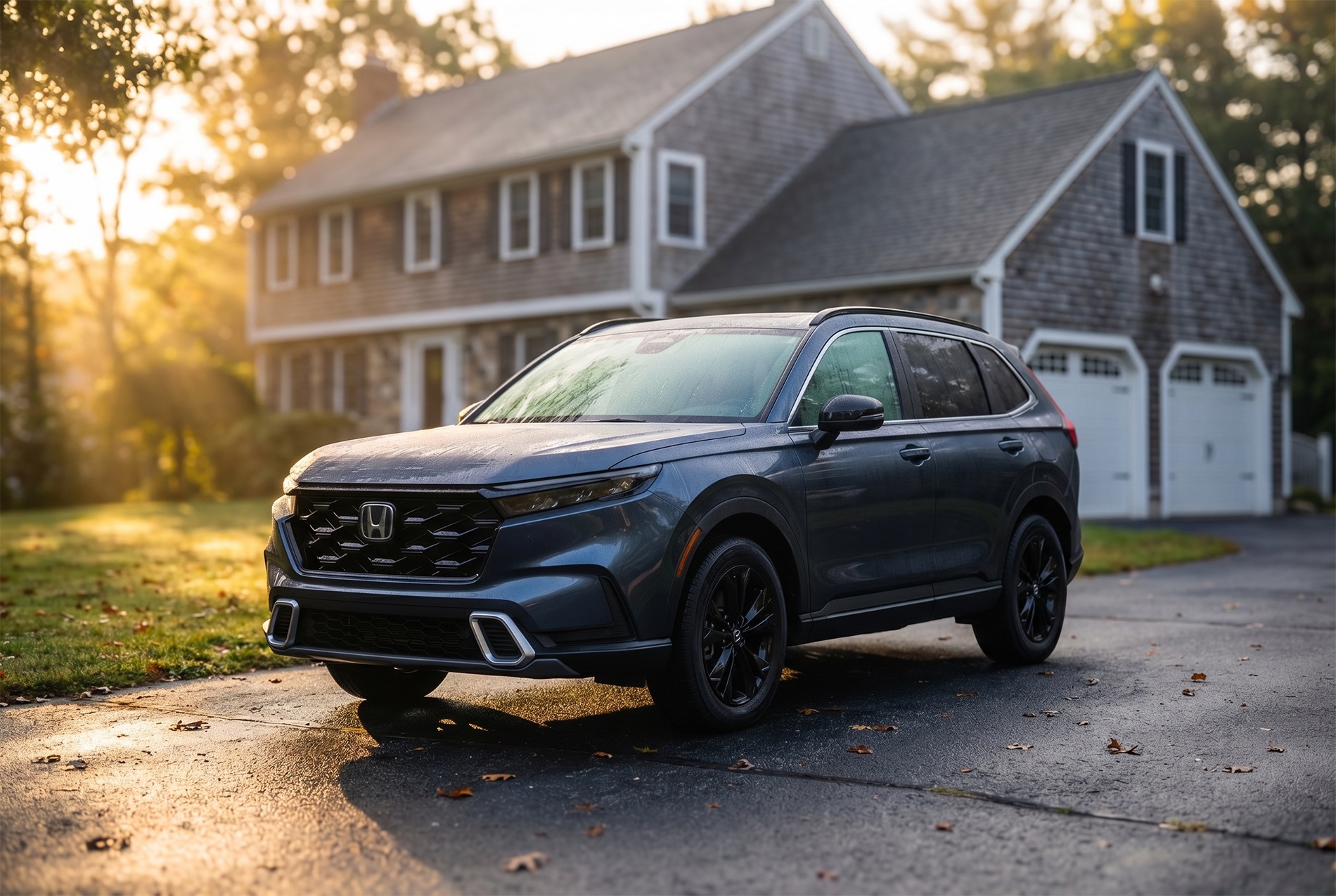 2026 Honda CR-V Sport Touring Hybrid trim level parked in front of a New England home with the sun rays reaching through the trees