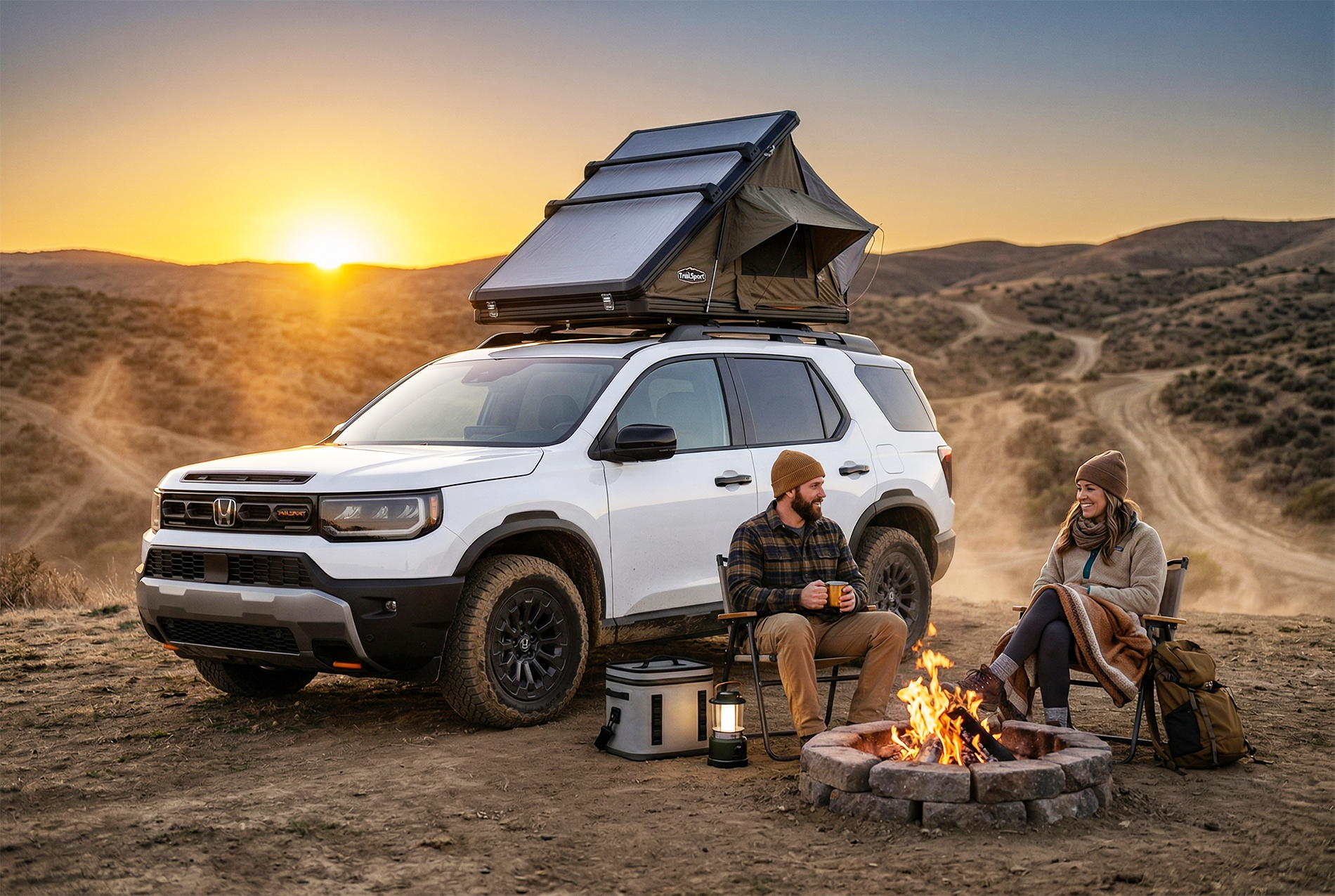 2026 Honda Passport parked at a remote campsite with a rooftop tent and campfire during sunset, highlighting outdoor travel capability.