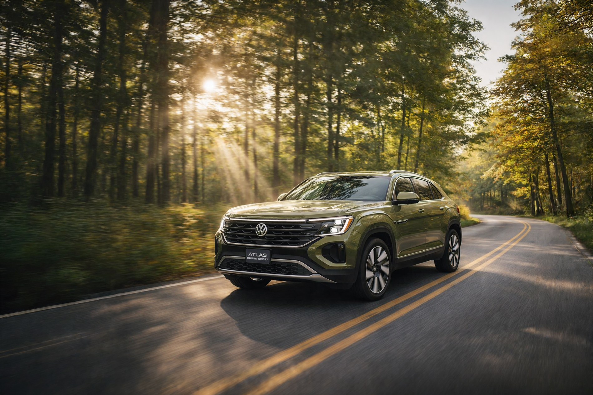 2026 Volkswagen Atlas Cross Sport driving through an autumn forest