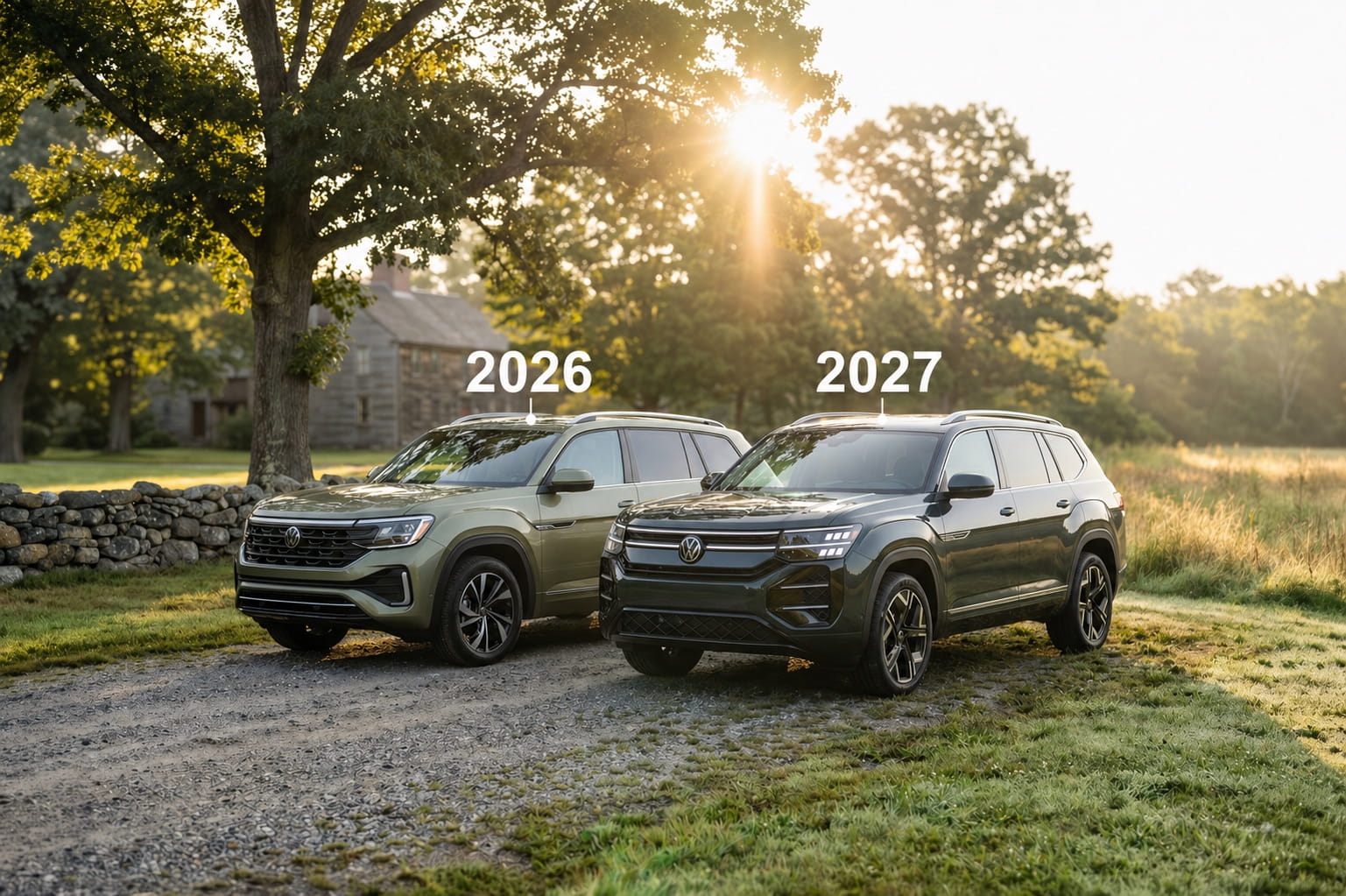 2026 and 2027 Volkswagen Atlas Models parked next to eachother in a rural farm scene with the sun rising over a forest - model years label