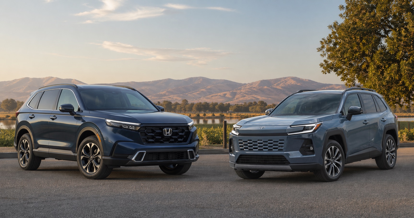 2026 Honda CR-V and redesigned Toyota RAV4 parked side by side on a paved overlook at sunset, with rolling hills, a calm waterline, and soft golden-hour lighting highlighting both SUVs from a front three-quarter angle