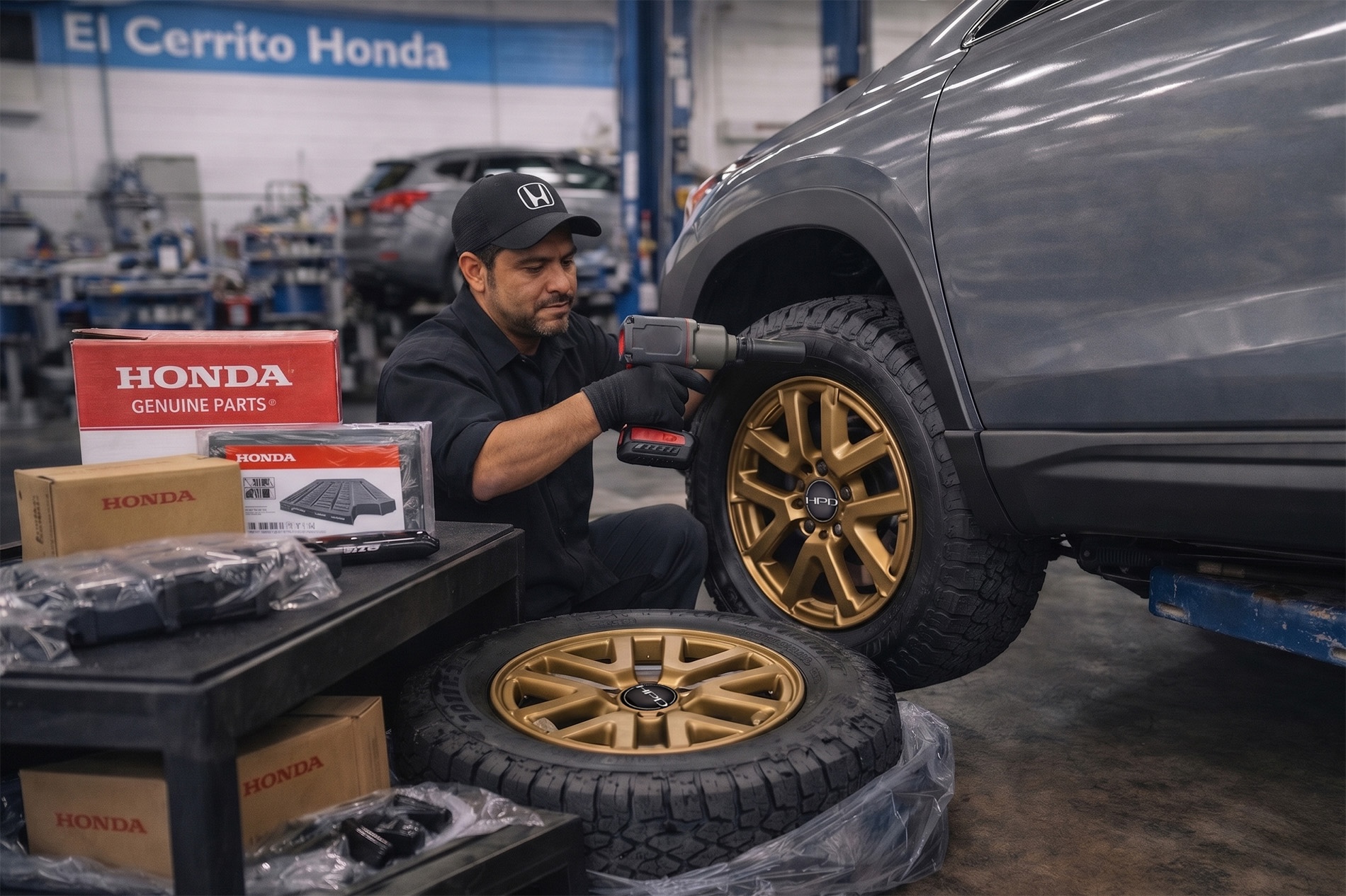 A man in the El Cerrito Honda Service Center installing the Honda HPD package wheels on a new Honda CR-V TrailSport