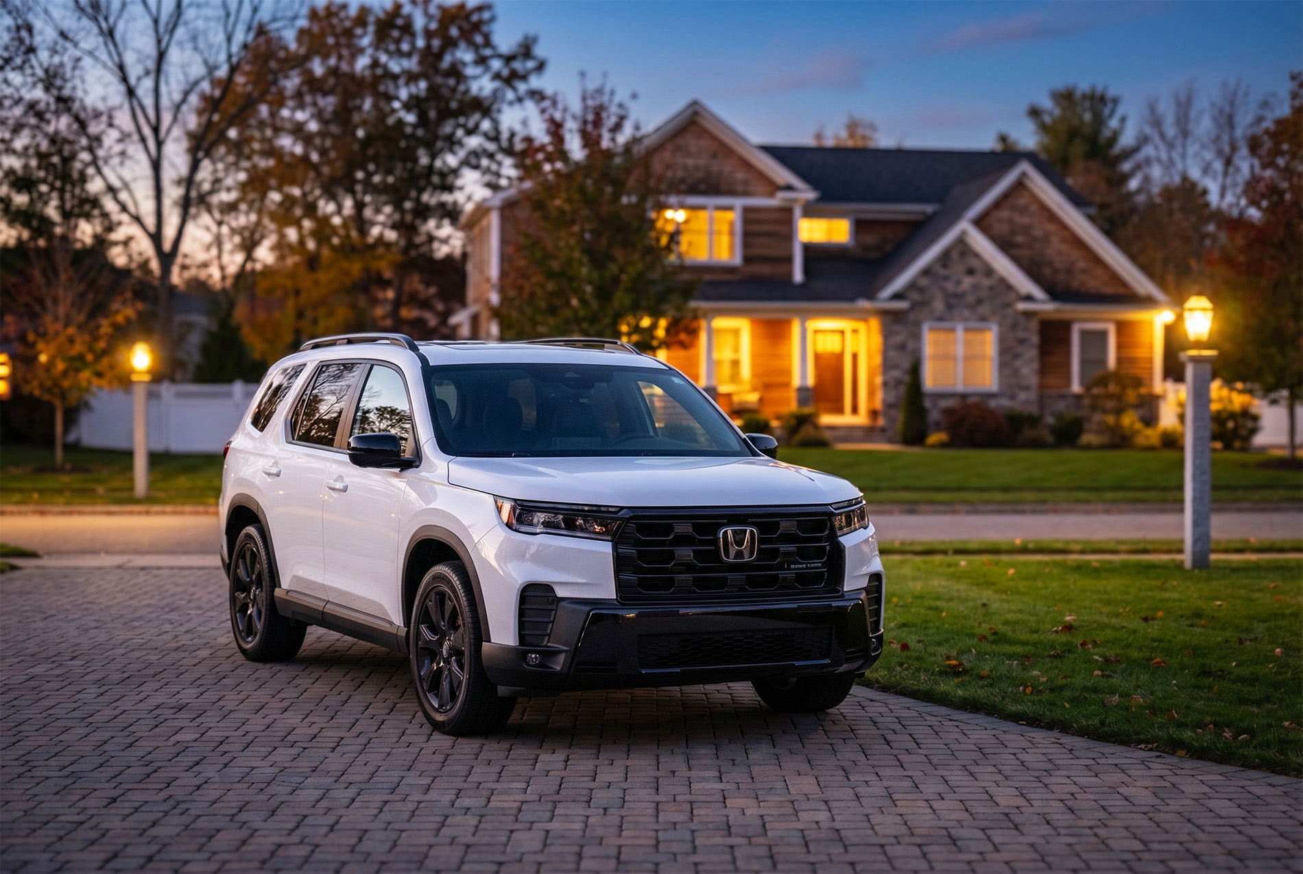 A white exterior colored 2026 Honda Pilot Black Edition Trim Level parked in a driveway of a typical family home in Massachusetts state in the evening