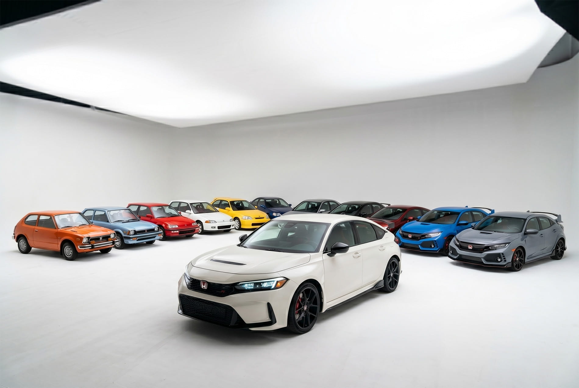 All Honda Civic Generations Parked in a White Studio Settings