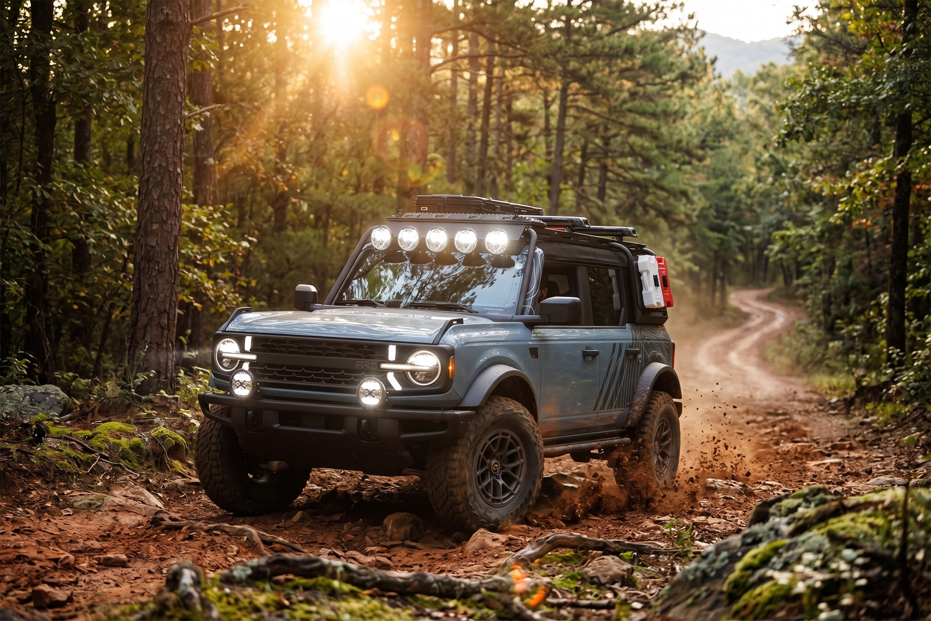 Bronco RTR ROVR driving up a muddy trail through the mountain forest