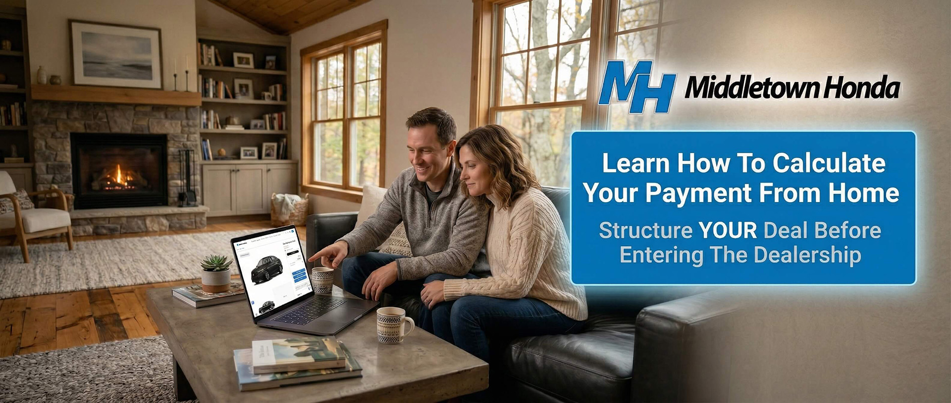 A photograph of a couple sitting on a dark grey leather sofa in a rustic-chic living room, looking intently at a silver laptop screen that shows a dark sedan from a front three-quarter view with various white fields of information next to and below it. A male, wearing a grey crewneck sweater, points with his right hand at a point on the left side of the screen. A female, in a white cable-knit sweater, looks over his shoulder. The laptop is on a low, rustic, wood-top coffee table where there is a grey potted plant on the left, two coffee mugs on the right, and two books. In the background to the left is a lit gas fireplace and extensive floor-to-ceiling built-in shelving with books, plants, and other personal effects. Large wooden-trimmed windows are behind the couple. The room has high pitched wooden planked ceilings. Superimposed to the right of the couple, partially on the window and wall, is a large navy-blue rectangle with a light-blue glow, with large white text at the top: & Learn How To Calculate Your Payment From Home, and smaller white text below