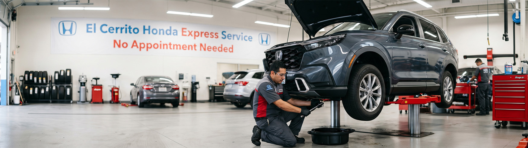 A wide shot of a clean, brightly lit Honda dealership service bay. In the foreground, a service technician wearing a Honda uniform, safety glasses, and gloves kneels beneath a raised dark grey Honda CR-V, draining oil into a black catch pan. In the background, a large wall banner reads 'El Cerrito Honda Express Service' and 'No Appointment Needed,' with other vehicles and a second technician working near a red tool chest.