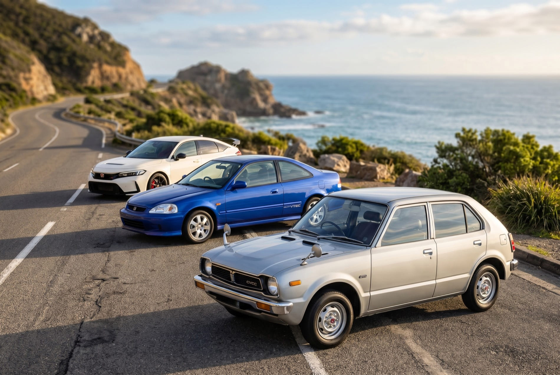Honda Civic generations comparison showing classic and modern Civic models