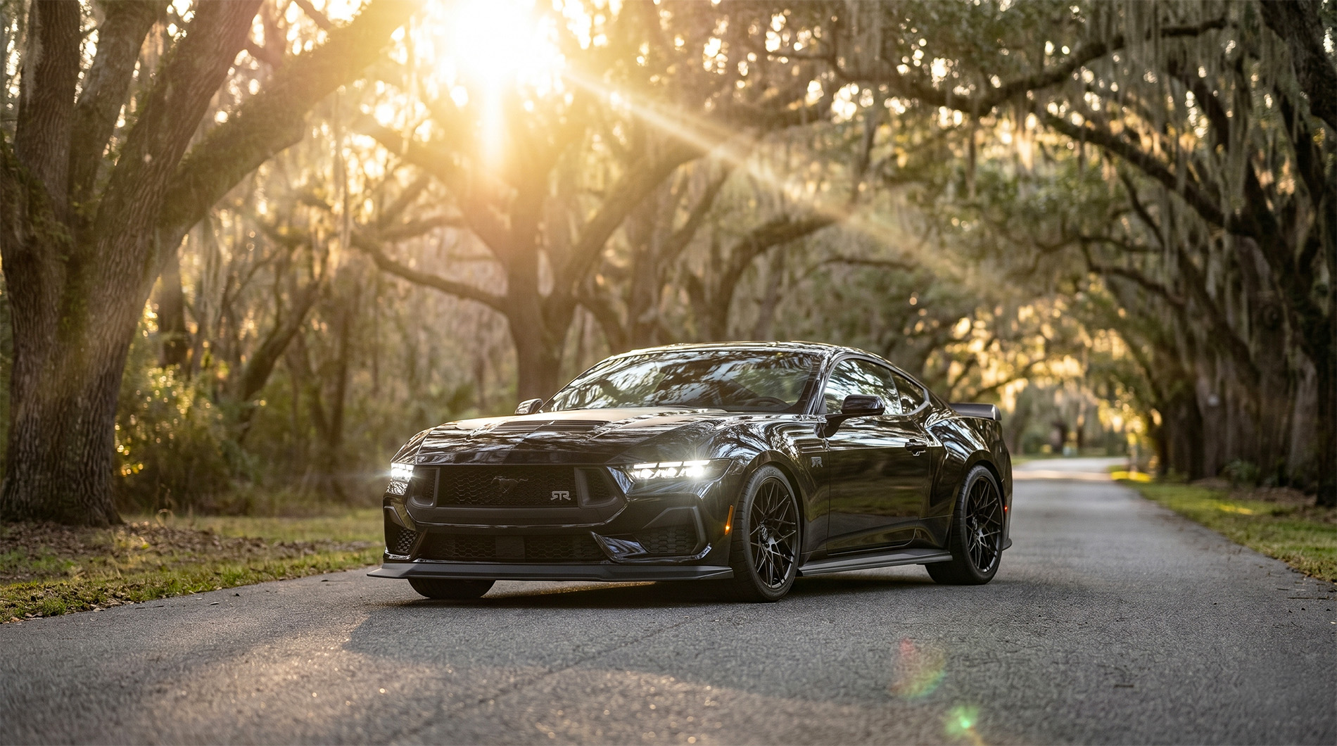 RTR Mustang Spec 2 parked on a paved road lined by willow trees with sun flare