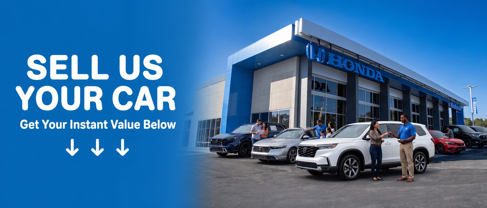 sell us your car banner at Middletown Honda with instant value tool, vehicle appraisal gauge, and customer handing keys to dealership representative