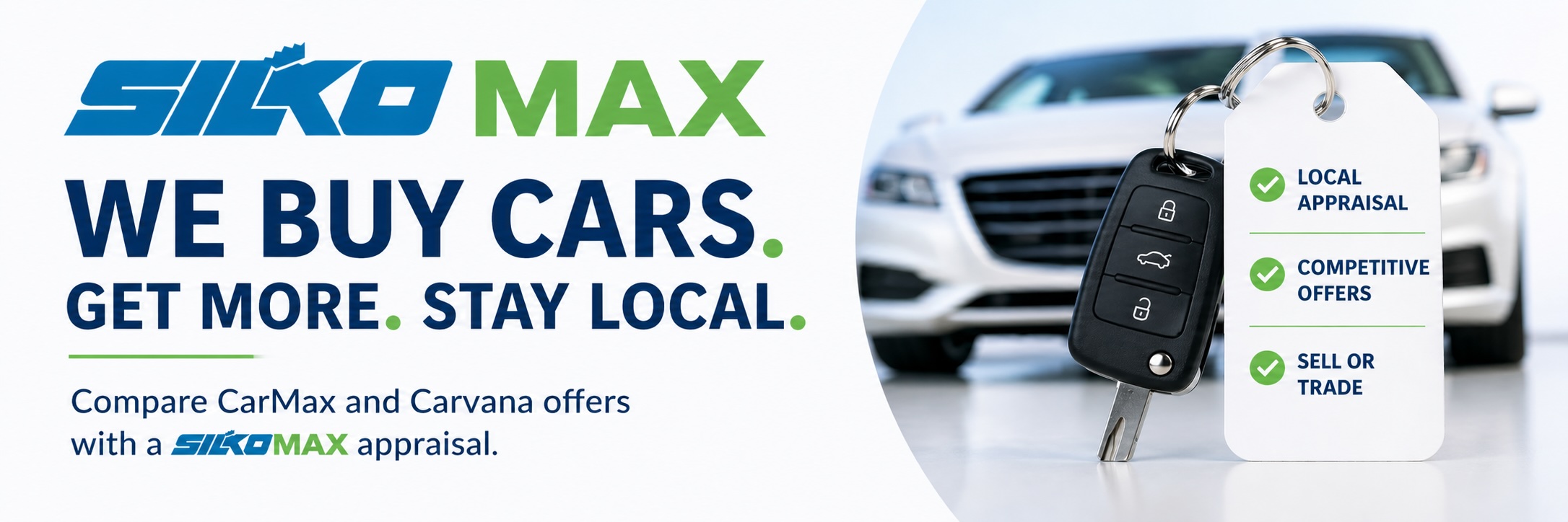 SilkoMAX banner showing “We Buy Cars” message with local appraisal and compare CarMax and Carvana offers near Easton Massachusetts
