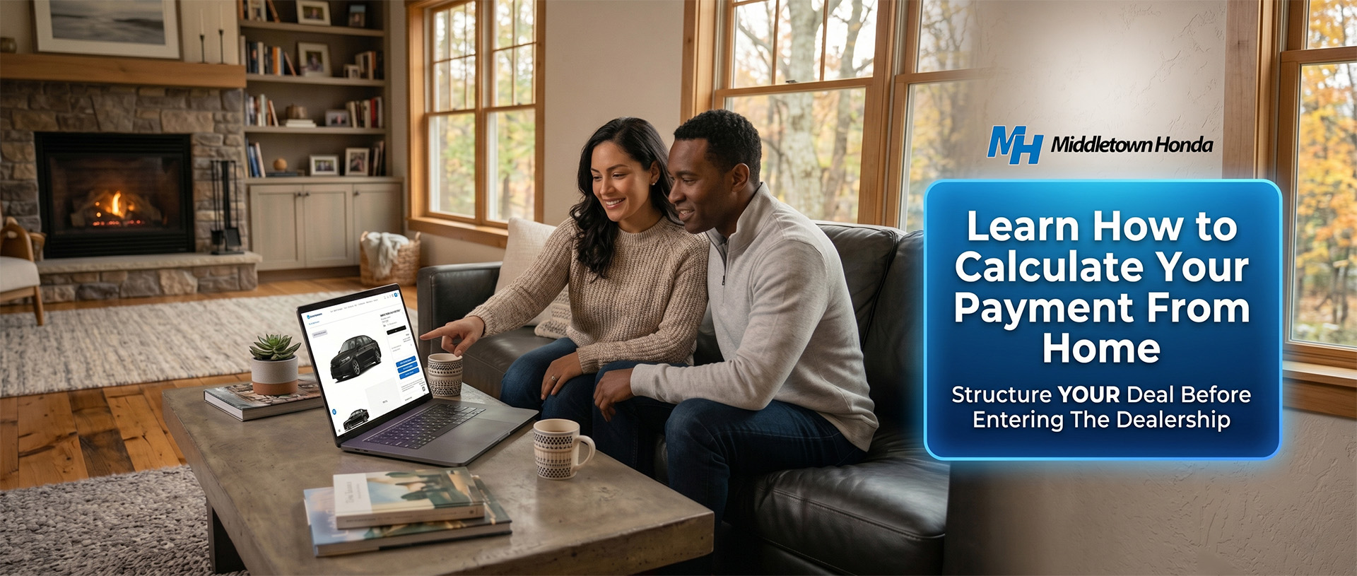 Couple sitting on a couch at home using a laptop to review vehicle payment options, with Middletown Honda branding and text reading “Learn How to Calculate Your Payment From Home.”