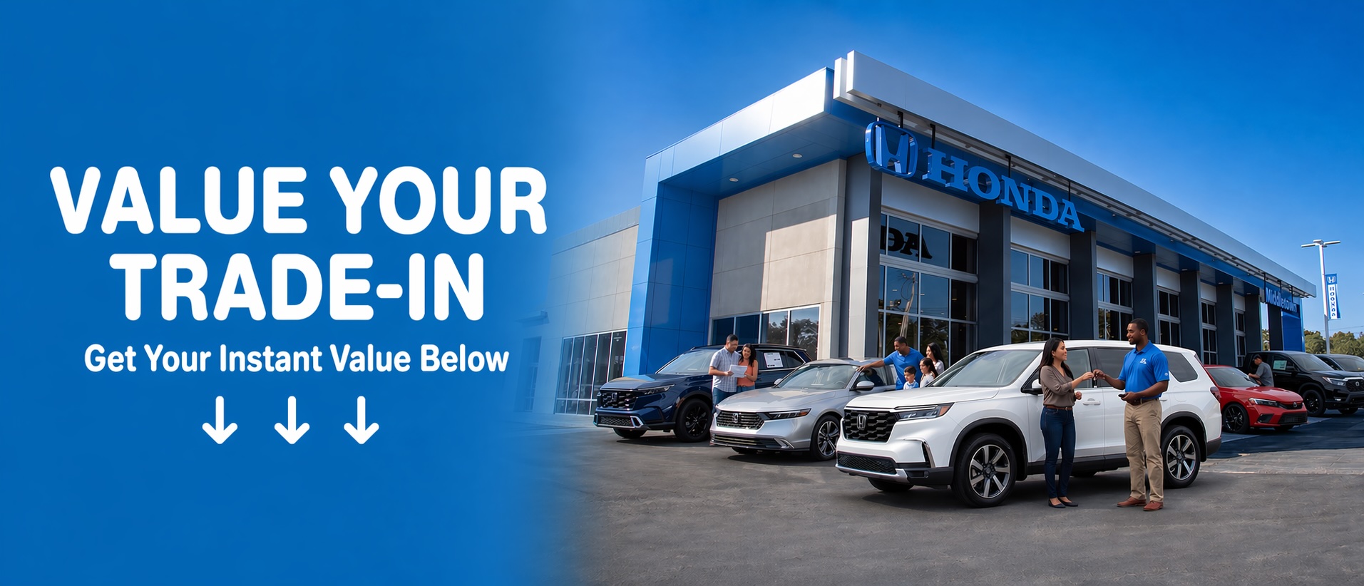 Middletown Honda “Value Your Trade Today” image showing a green Honda SUV, a trade-in price gauge with “Great Price,” and a customer handing over keys at a dealership with instant appraisal messaging.