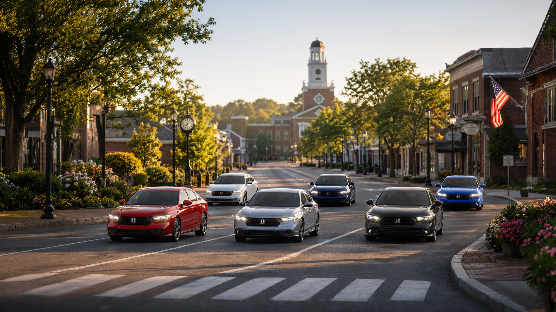 Six 2026 Honda Accord sedans in red, silver, gray, black, and blue drive through a historic downtown street lined with brick buildings, lampposts, and a clock tower at sunrise, illustrating modern design and trim variety available at Silko Honda in Raynham, MA.