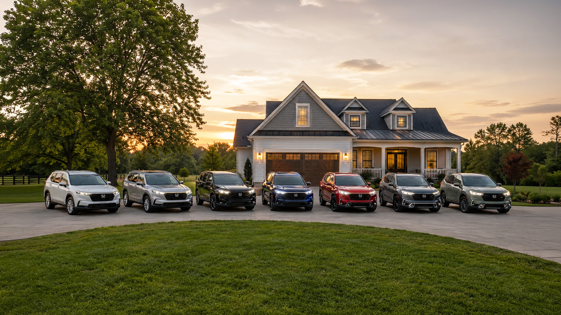 2026 Honda CR-V SUVs parked side by side in a residential driveway at sunset, with a modern house and trees in the background, highlighting the range of CR-V trims.