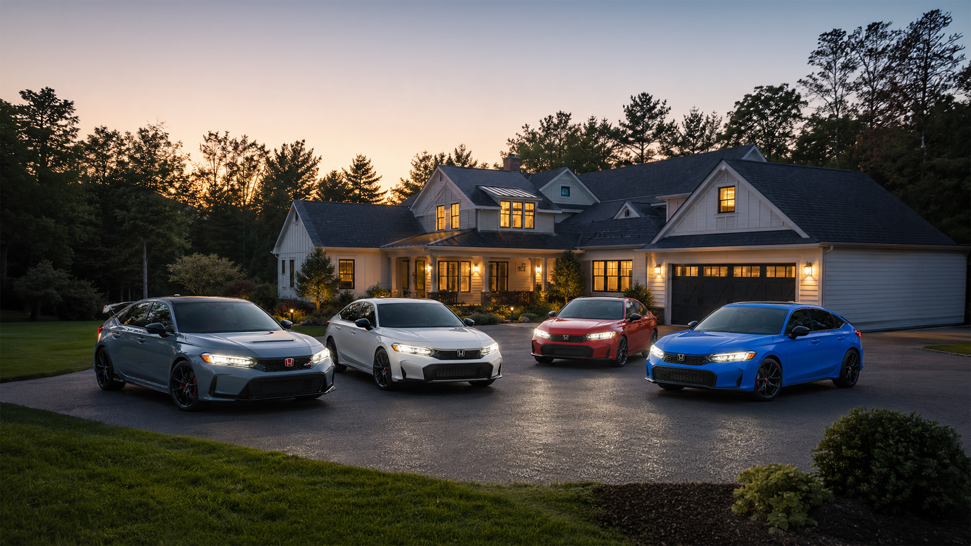 2026 Honda Civic trim lineup parked at a home near Raynham, MA