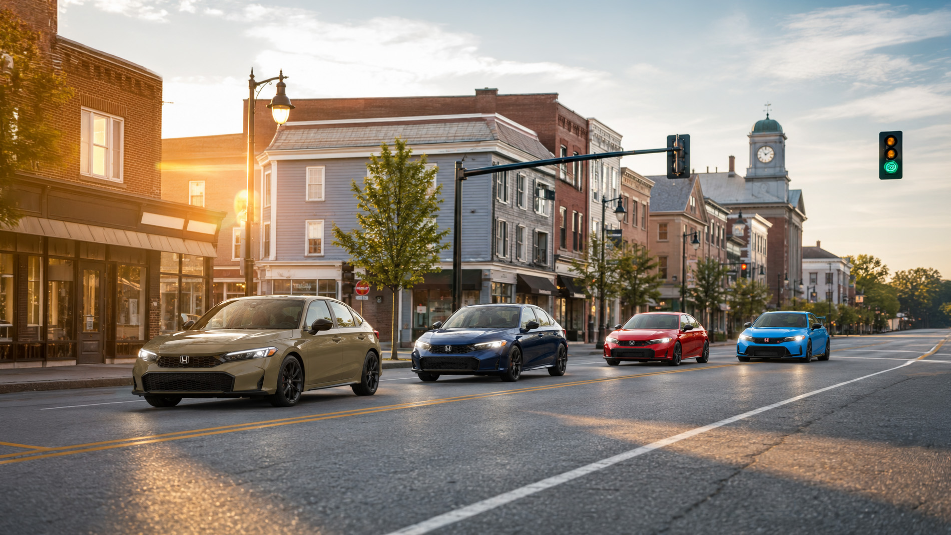 Four 2026 Honda Civic sedans in tan, blue, red, and bright blue driving through a small downtown district with brick buildings and a clock tower at sunrise, highlighting modern design and trim variety available at Silko Honda in Raynham, MA.