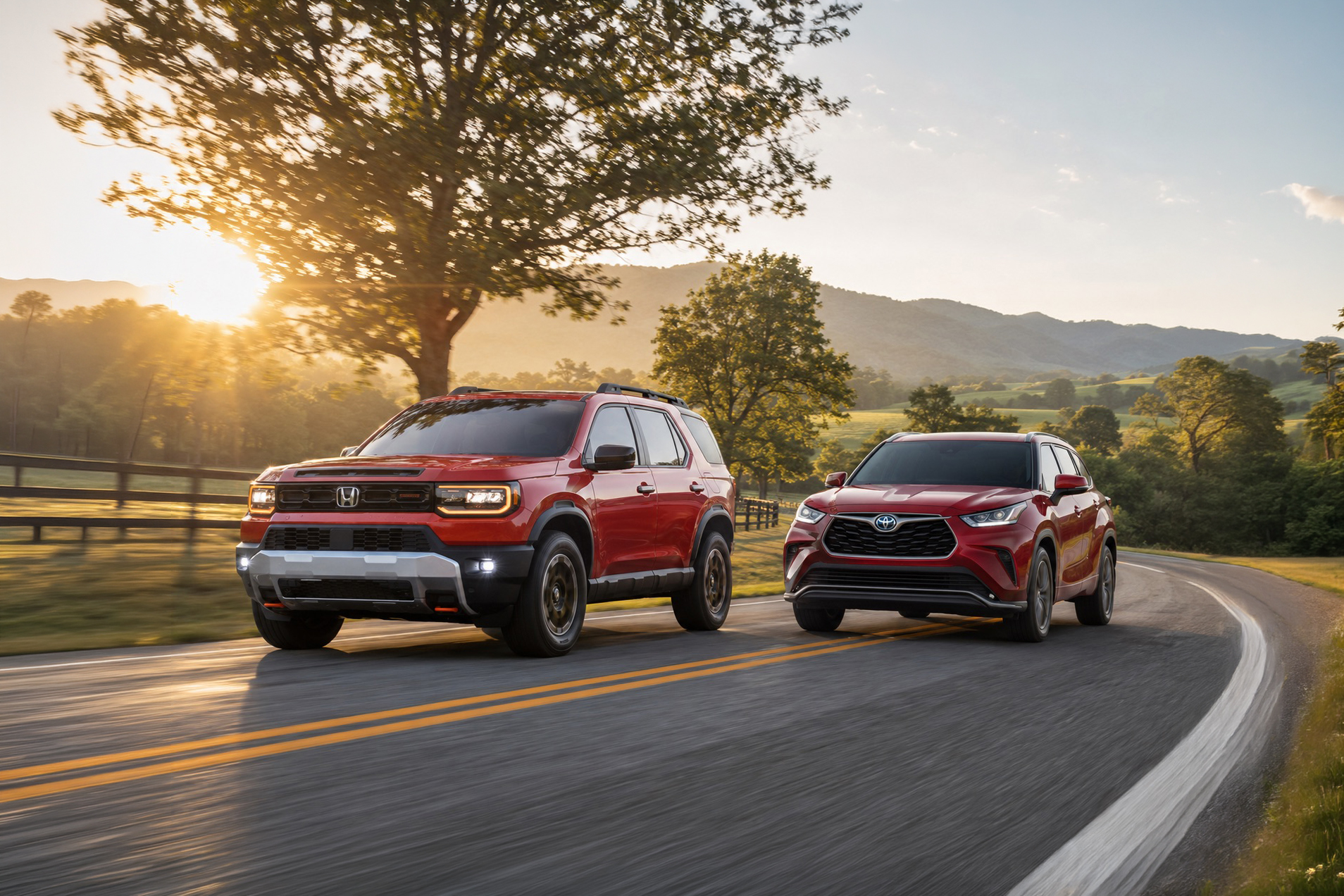 Red 2026 Honda Passport and 2026 Toyota Highlander driving side by side on a curving country road at sunrise, showcasing performance and design in a scenic setting.