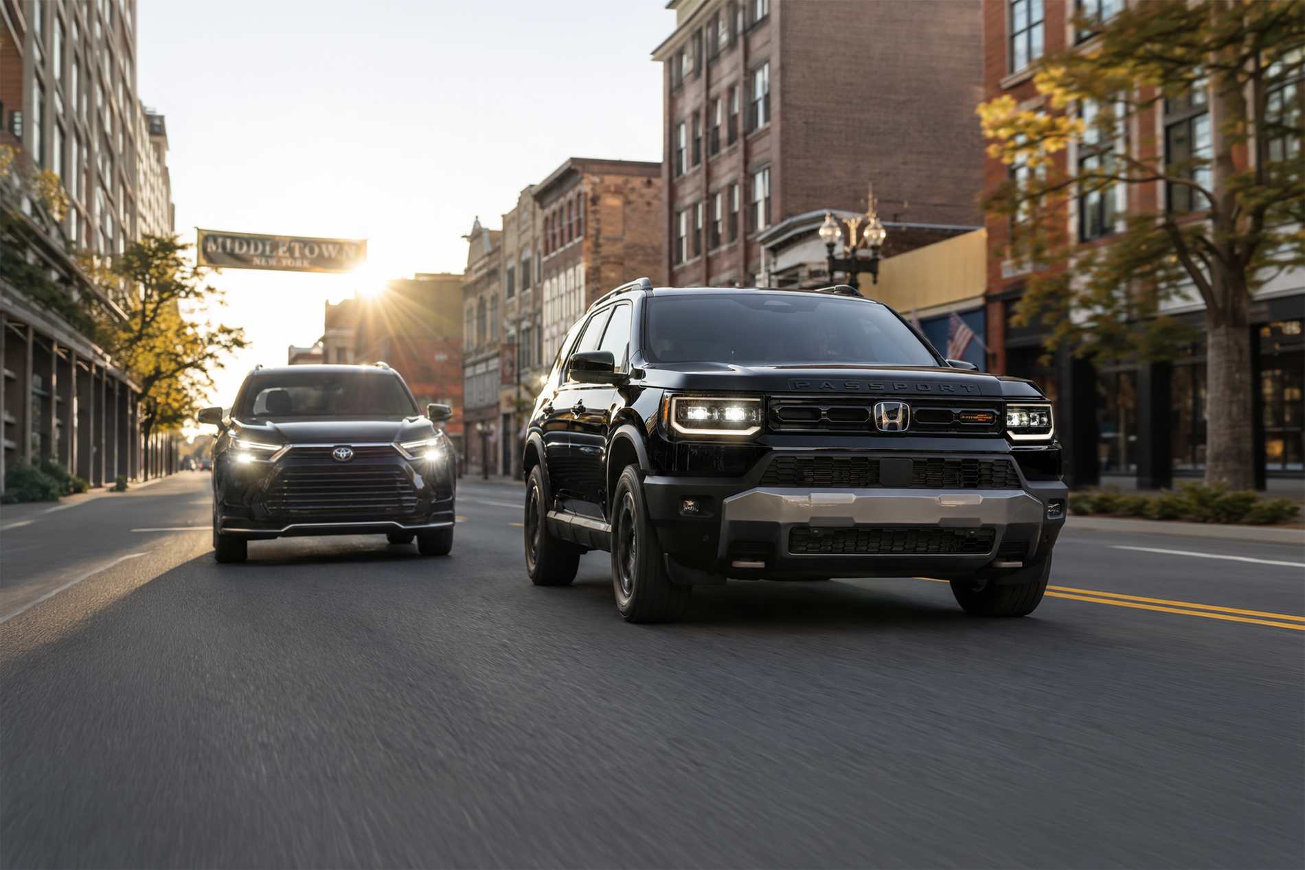 Black 2026 Honda Passport and 2026 Toyota Highlander driving through downtown Middletown New York with headlights on at sunrise, illustrating urban style and SUV presence.