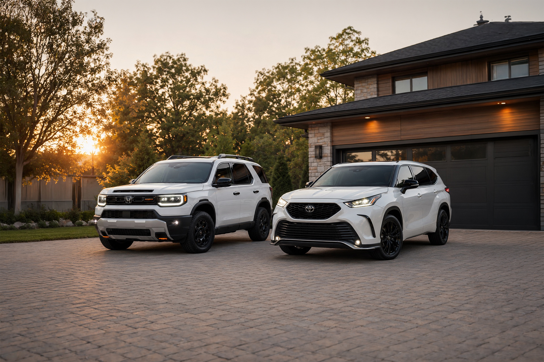 White 2026 Honda Passport and 2026 Toyota Highlander parked side by side in a residential driveway at sunset, highlighting modern SUV design and contrasting styling elements.