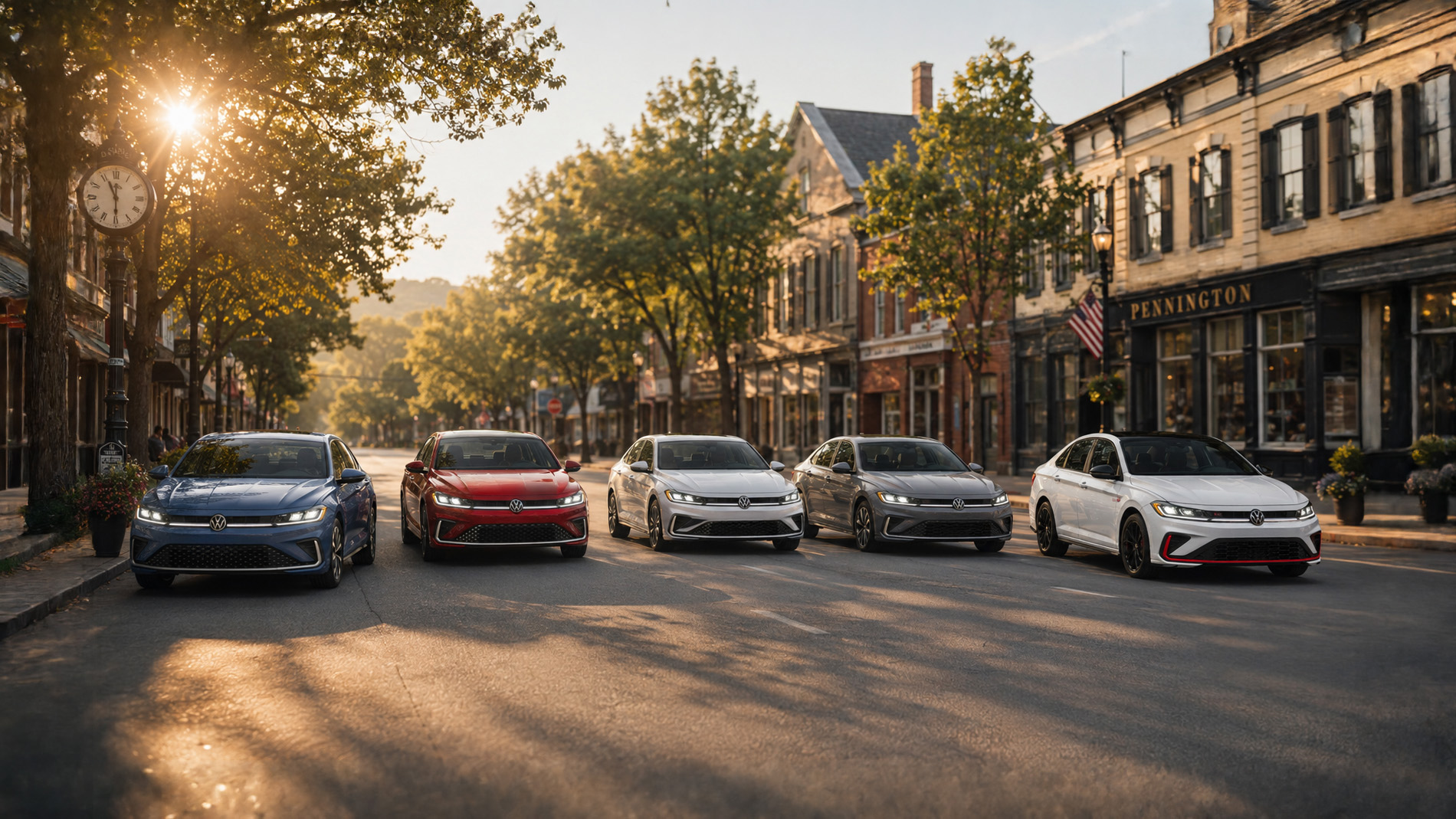 Five 2026 Volkswagen Jetta sedans in blue, red, silver, gray, and white driving side by side down a tree‑lined historic Main Street at sunrise, with brick storefronts and lampposts in the background, highlighting the Jetta’s modern styling and trim variety.