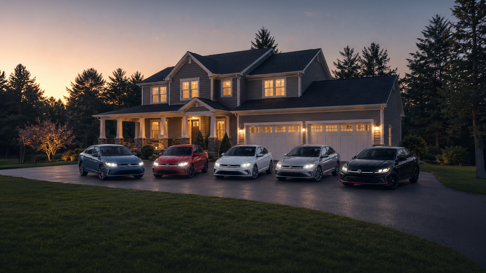 Five 2026 Volkswagen Jetta sedans in blue, red, white, silver, and black parked side by side in a residential driveway at dusk, with warm house lights and trees in the background, showcasing the range of Jetta trim levels for everyday drivers.