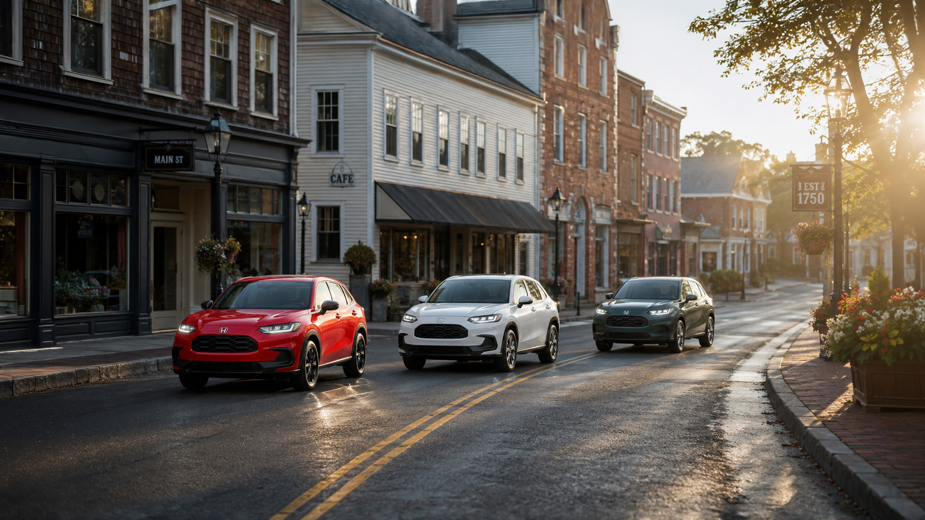 Three 2027 Honda HR‑V SUVs in red, white, and green drive side by side down a quiet historic Main Street lined with brick and wood‑clad buildings, flower planters, and lampposts at sunrise, showcasing the range of HR‑V trim levels in a classic New England setting.