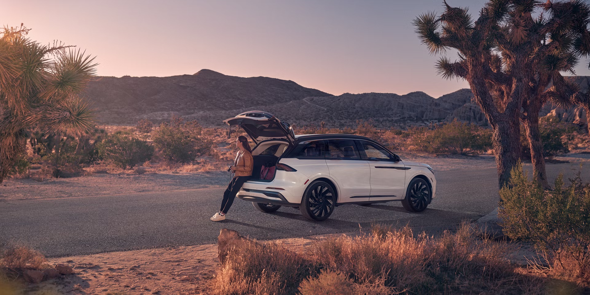 2026 Lincoln Nautilus parked in a desert landscape at sunset with the rear liftgate open, showing the SUV’s white exterior, black roof design, full-width rear lighting, and upscale midsize luxury crossover proportions beside Joshua trees and mountain scenery.