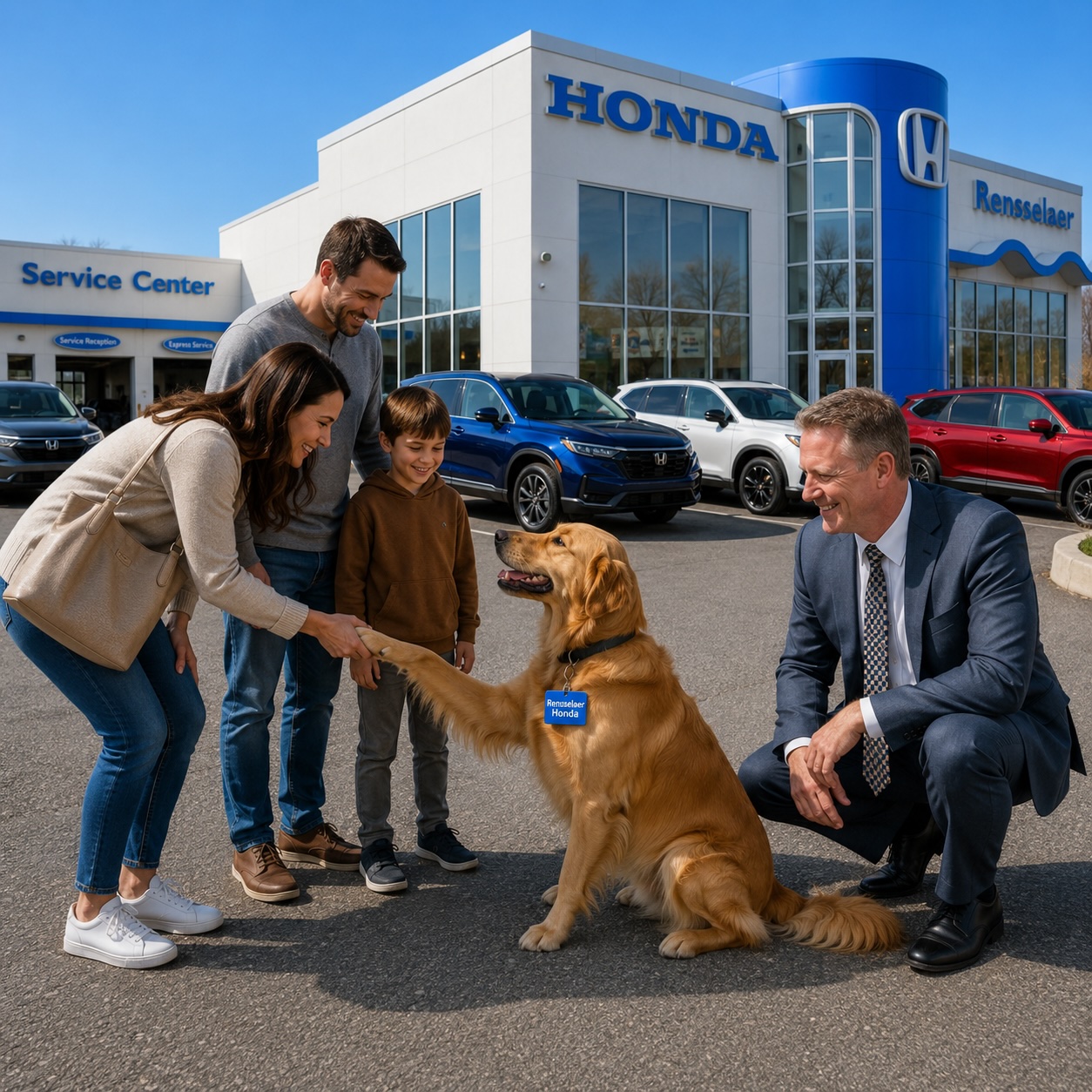 Golden retriever greeting a family outside Rensselaer Honda in Troy, NY, with the Honda dealership building, service center, and parked vehicles in the background.